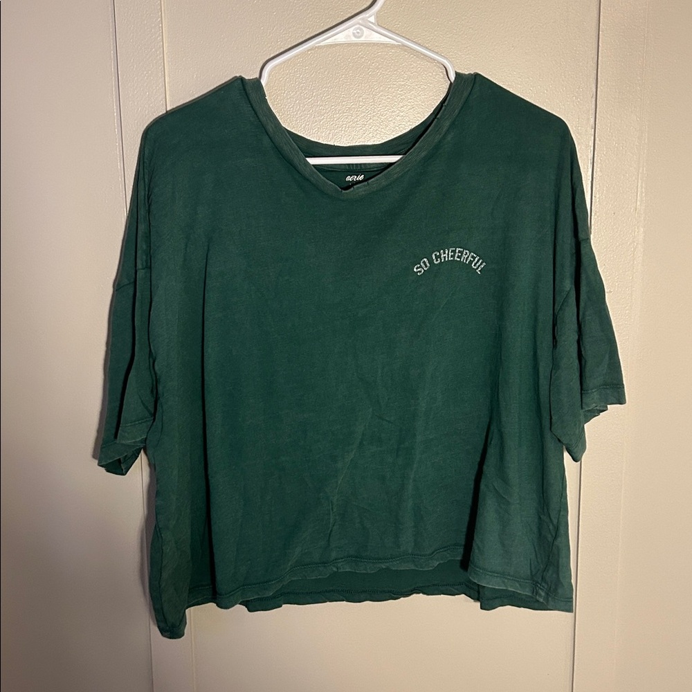 Aerie Green Holiday Crop Tee Vintage Soft